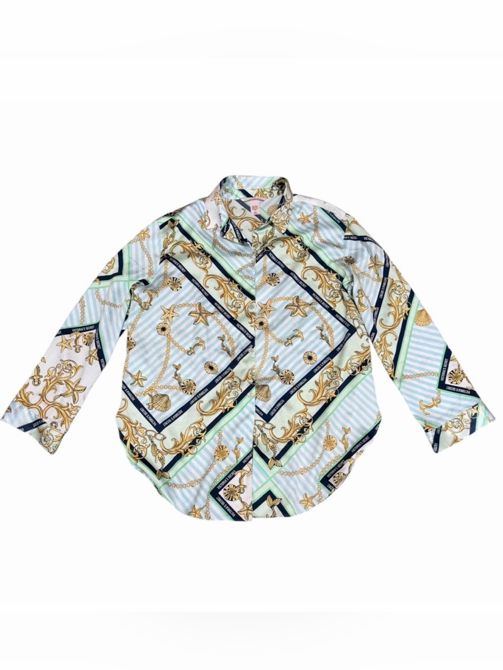 Victoria's Secret Nautical Satin/Silk Feel Button-Up Blouse | Medium